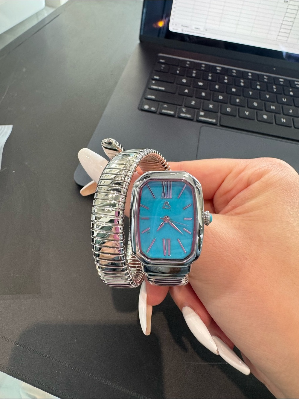 Colleen Lopez Cushion-Cut Blue Turquoise Dial Stainless Steel coil Wrap Bracelet
